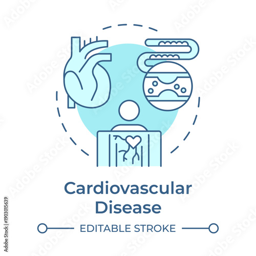 Cardiovascular disease soft blue concept icon. Arterial health, blood stream. Heart damage. Round shape line illustration. Abstract idea. Graphic design. Easy to use in presentation, booklet