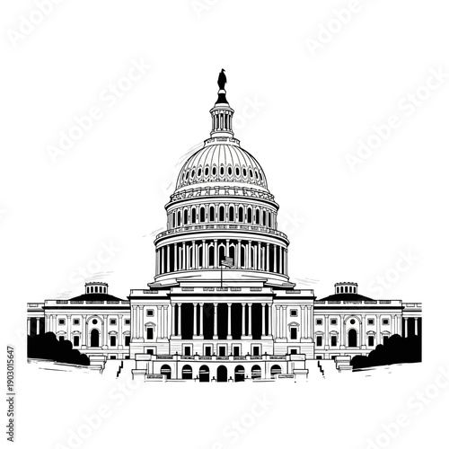 A detailed black and white illustration of the United States Capitol Building, showcasing its iconic dome and neoclassical architecture.