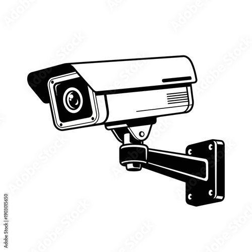 A black and white illustration of a security camera mounted on a wall bracket.