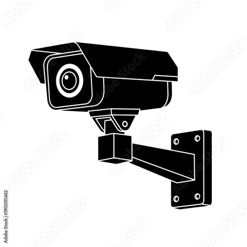 A black and white illustration of a security camera mounted on a wall bracket.