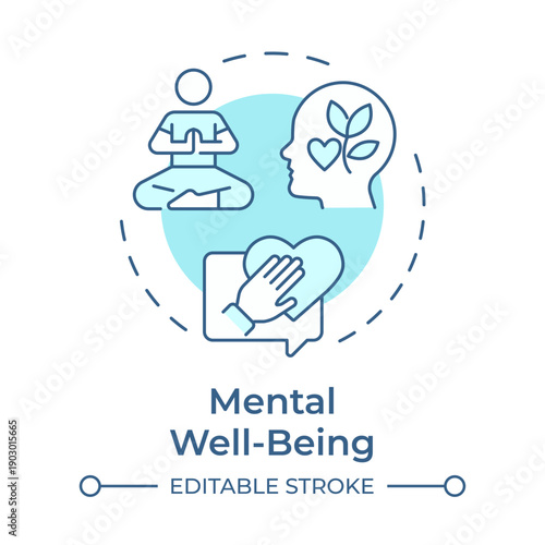 Mental wellbeing soft blue concept icon. Self care, emotional balance. Spiritual mindfulness. Round shape line illustration. Abstract idea. Graphic design. Easy to use in presentation, booklet