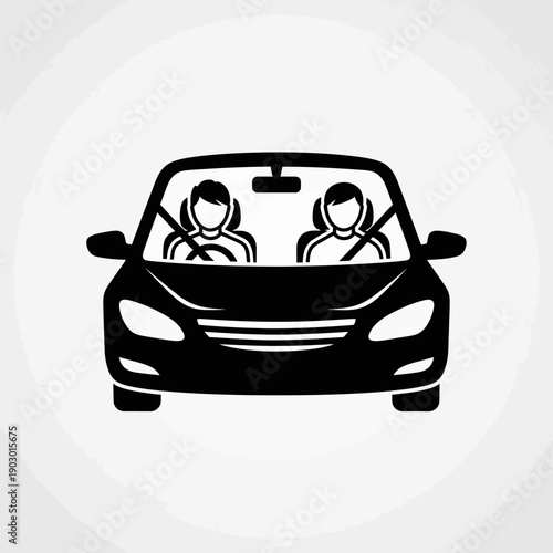 A black silhouette of a car with two people wearing seatbelts inside, viewed from the front.