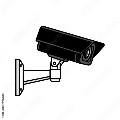 A black security camera mounted on a white bracket against a white background.