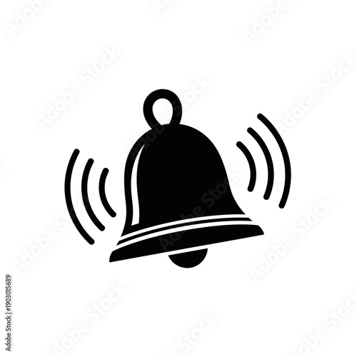 A black silhouette of a ringing bell with sound waves emanating from it.