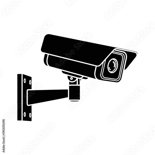 A black and white silhouette of a security camera mounted on a wall bracket.