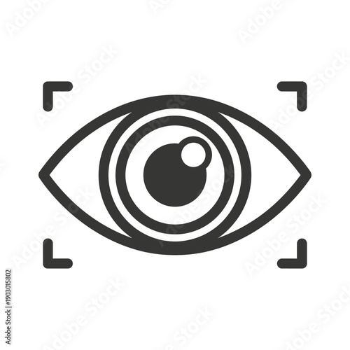 A stylized black and white icon representing an eye with concentric circles within the iris, framed by corner brackets, suggesting scanning or identification.