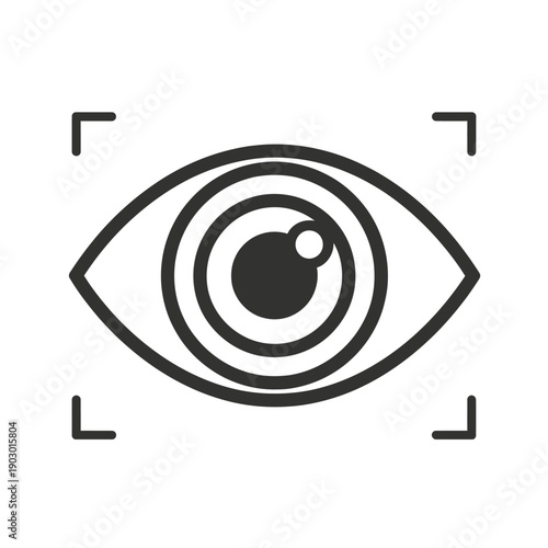 A stylized black and white graphic illustration of a human eye with concentric circles within the iris, framed by a square target.