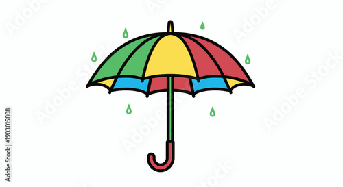 A colorful umbrella with red, yellow, green, and blue panels, with green raindrops falling around it.