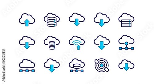 Collection of cloud computing icons representing data storage, upload, download, and network connectivity.