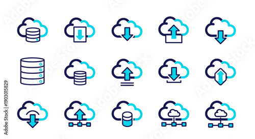 A collection of cloud computing icons representing data storage, uploads, downloads, and network connections.
