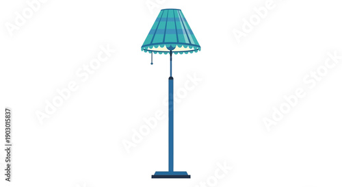 A tall, slender floor lamp with a blue checkered lampshade and a dark blue pole and base.