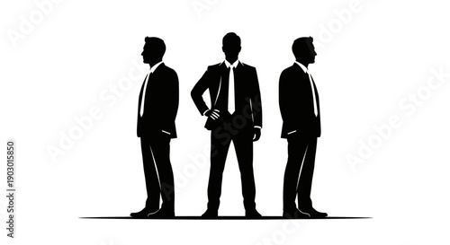Three businessmen in silhouette standing in a line, one facing forward with hands on hips, and two facing sideways.