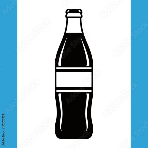 A black and white illustration of a classic glass bottle filled with a dark beverage, set against a bright blue background.