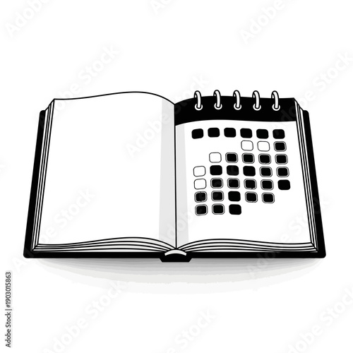 An open book with a calendar page on the right side, symbolizing planning and organization.