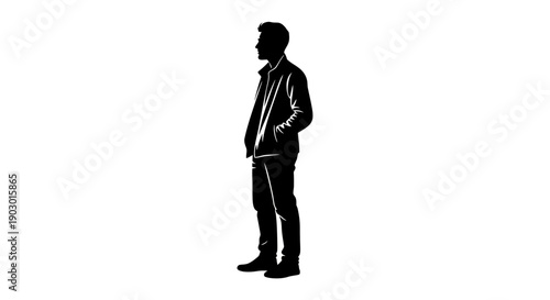 Silhouette of a young man standing with his hands in his pockets, facing left.