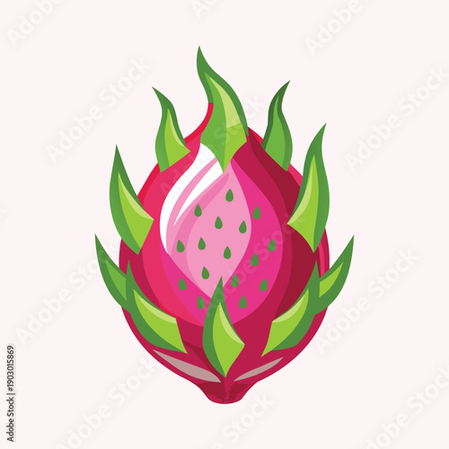 Vibrant illustration of a dragon fruit with green spiky leaves and pink flesh Keywords: dragon fruit, pitaya, fruit, tropical, exotic