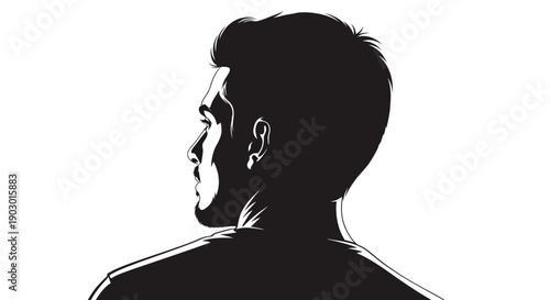 Silhouette of a man's head and shoulders, viewed from behind, with sharp contrast between black and white.
