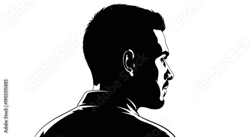 A stark black and white silhouette of a man's head and shoulders in profile, with dramatic lighting.