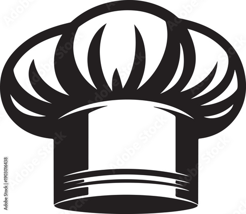 A black and white illustration of a chef's hat with intricate details on top. Vector