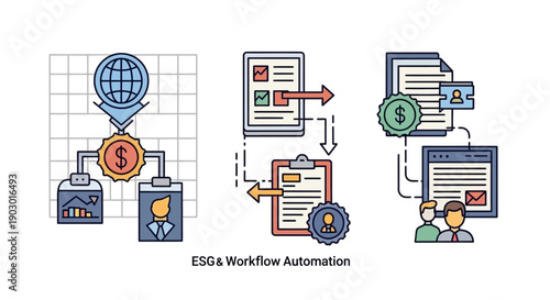 ESG and Workflow Automation Concept Icons: Global Finance, Task Management, and Business Process