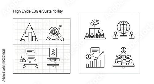 ESG Sustainability Icons: Growth, Global, Finance, Teamwork, Analysis