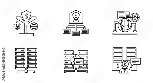 Financial Management Icons: Investment, Hierarchy, Data, Servers, Network