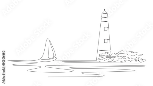 Drawing a lighthouse with single continuous line Vector Image.