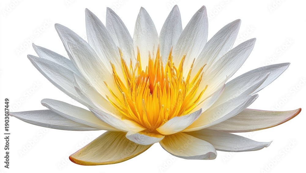 Fototapeta premium Close up of a white lotus flower with yellow center isolated on white background