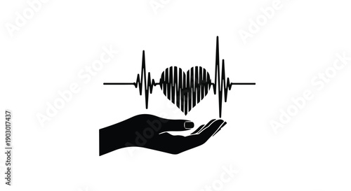 Caring hand holding a pulsing heart with a cardiogram waveform above, symbolizing health and life.