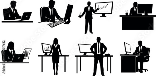 Collection of Business People Silhouettes Working at Office Desks with Computers Laptops and Presentation Screens Vector Illustration Isolated on White Background