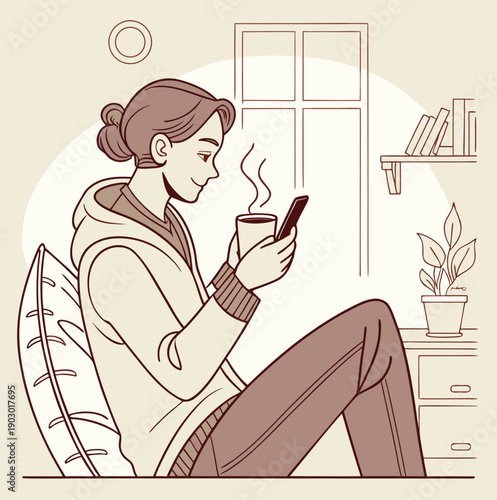 Vector illustration of a young woman in the kitchen and bathroom featuring artistic cartoon drawings of business people and men