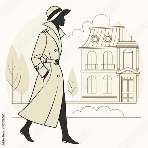 Minimalist fashion illustration of a woman in a trench coat walking in a classic city street.