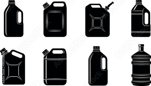 Set of black canister and jerrycan silhouettes for gasoline oil and liquid packaging vector illustration