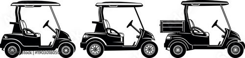 Set of Three Black Golf Cart Silhouettes with Cargo Box Vector Illustration Isolated on White