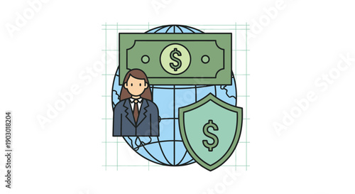 Global Business Security: Woman, Money, Shield, and Globe Icon