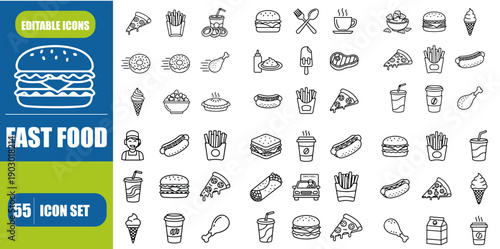Fast Food Line Icon Set – Burger, Pizza, Fries & Snacks Editable Stroke Vector Illustration
