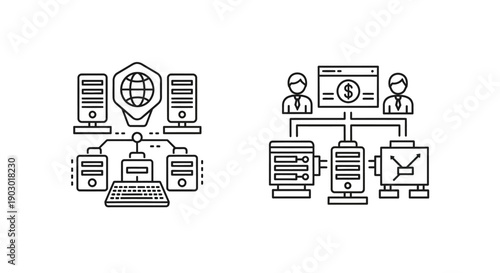 Network diagram with servers, globe, keyboard and people icons