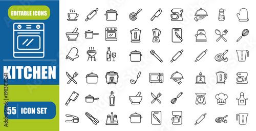 Kitchen Appliance Line Icon Set – Cooking & Home Kitchen Vector Illustration
