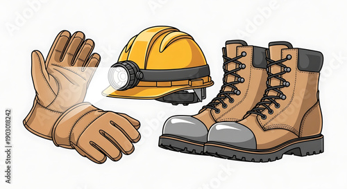 Mining safety gear including hard hat gloves and work boots on white background for industrial use