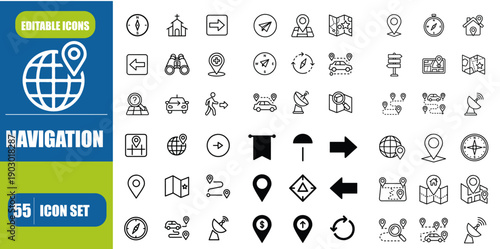 Navigation Line Icon Set – Map, GPS, Directions, Address & Destination Vector Illustration
