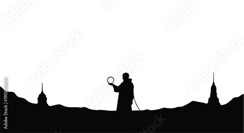 Silhouette of a person holding a ring against a stark white background with stylized architectural elements.