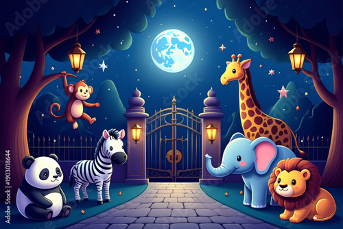 Cute Zoo Animals at Night in Soft Storybook Style