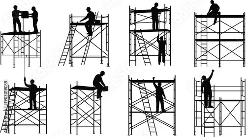 Black silhouette set of industrial construction workers on scaffolding and ladders, professional builders performing maintenance and engineering tasks isolated on white background.