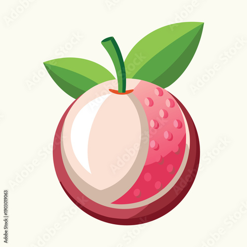 Pink Lychee Fruit with Green Leaves and Stem on White Background vector illustration