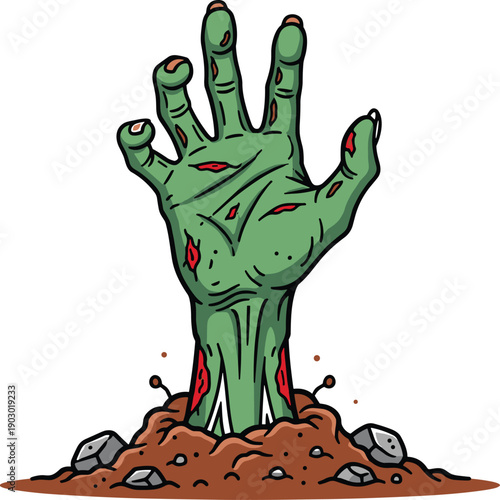 Scary green decaying zombie hands rising from graveyard dirt with bloody wounds and sharp nails for spooky Halloween horror posters and digital graphic designs.