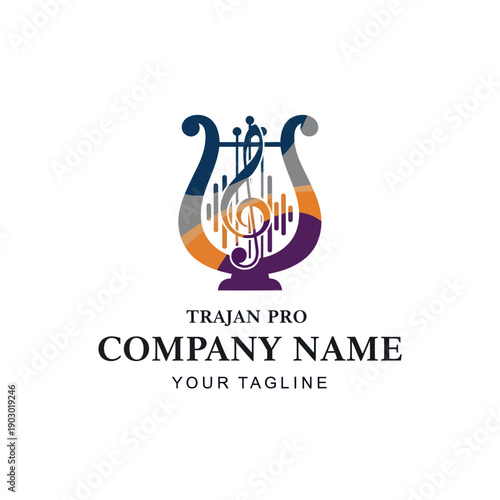 Stylized Lyre Musical Instrument Logo Design.