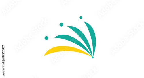 A vibrant abstract graphic design presents fanning teal arcs rising from a golden base, accented by playful dots, symbolizing growth, innovation, and dynamic energy.