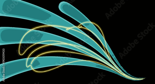 Dynamic abstract light streaks in vibrant teal and golden hues flow gracefully across a dark background, creating a sense of energy and motion.