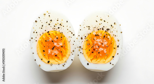 Two perfectly soft-boiled chicken eggs halved with runny yellow yolks, seasoned with cracked black pepper and sea salt crystals, isolated on a clean white background for breakfast food menu concepts.
