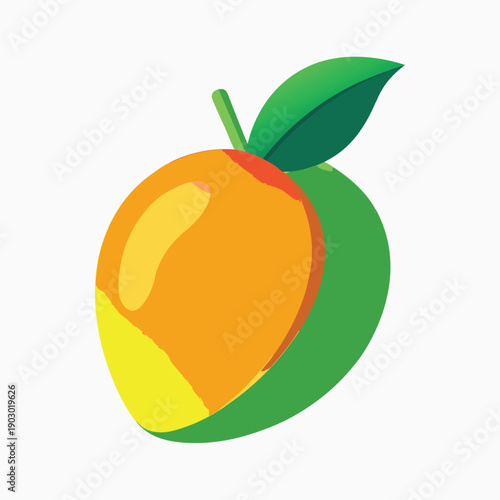 Orange Mango Fruit with Green Leaf and Stem on White Background yellow